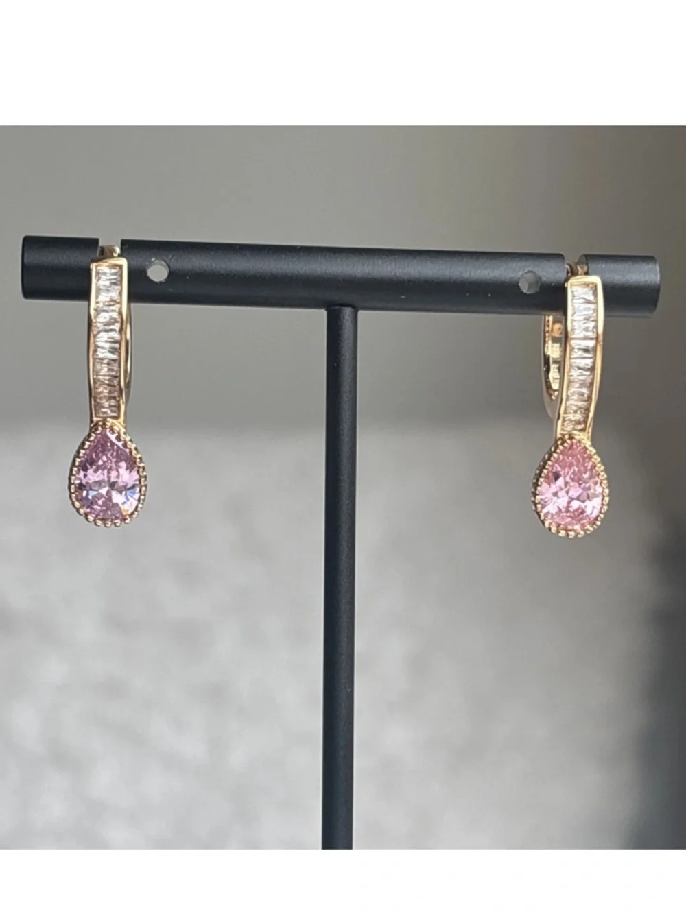 Rose Gold Plated Pink CZ Teardrop Dangle Hoop Earrings Baguette Accent - Picture 2 of 7